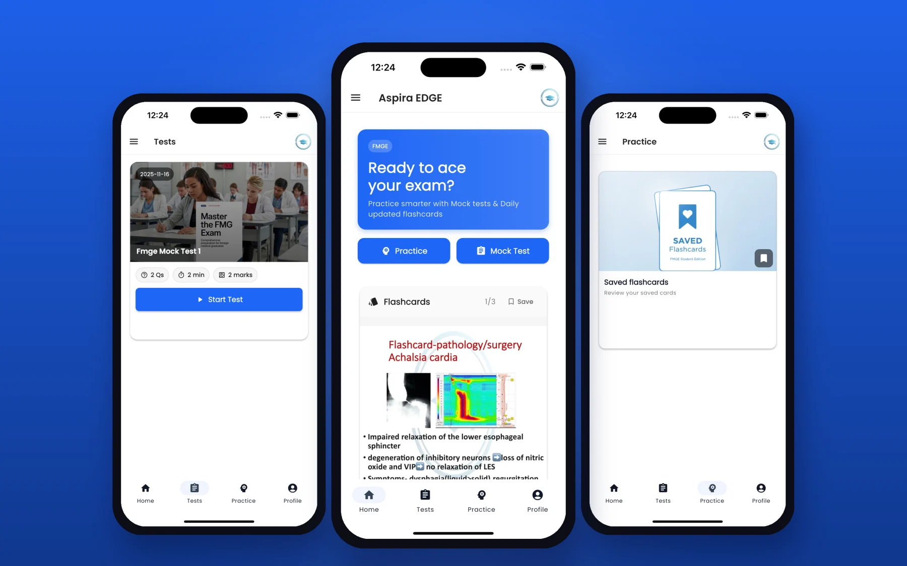 Aspira Edge app screens: FMGE mock tests, the home screen with daily flashcards, and saved flashcards