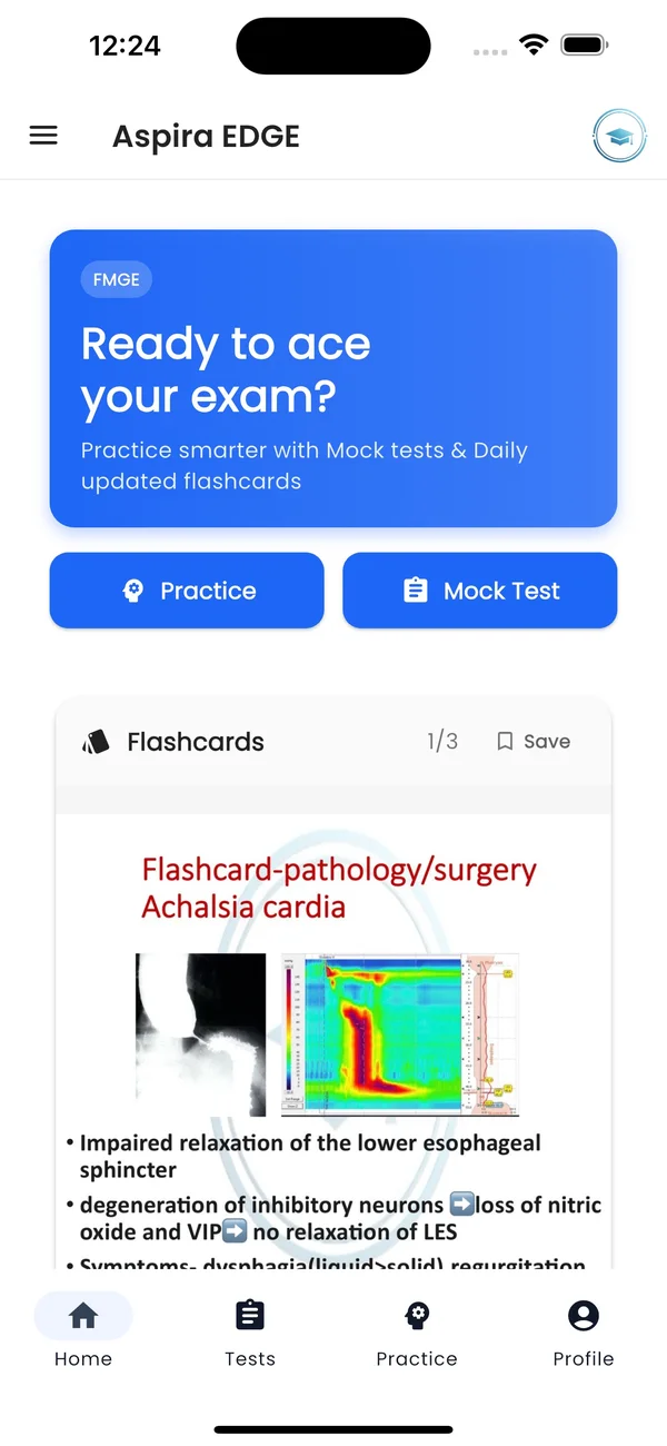 Home: jump into practice or a mock test, with daily updated flashcards