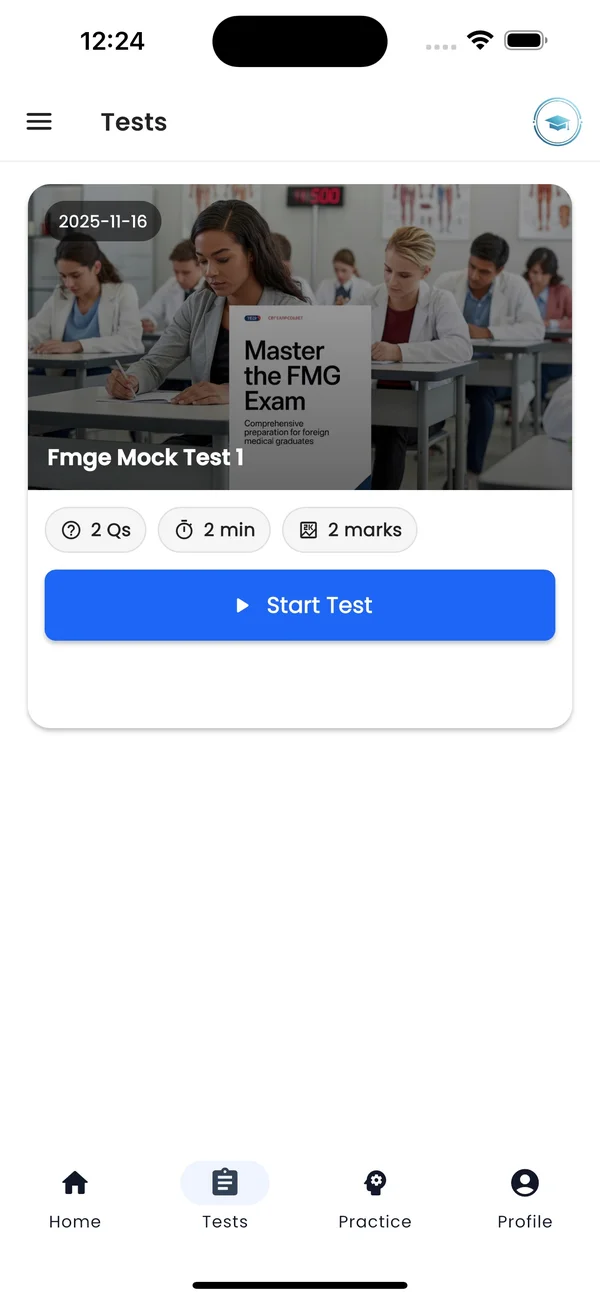 FMGE mock tests with question count, time and marks