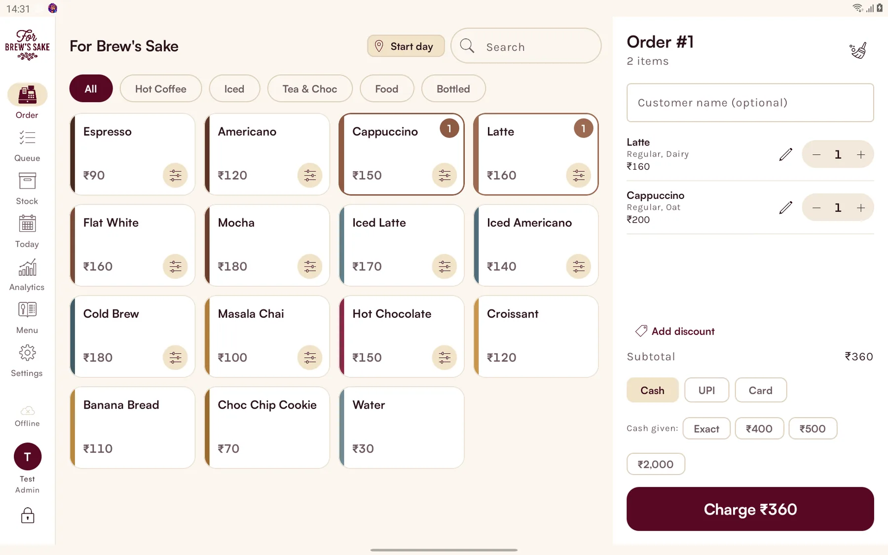 For Brew's Sake POS on a tablet: the drinks grid on the left and a two-item order with cash, UPI and card on the right