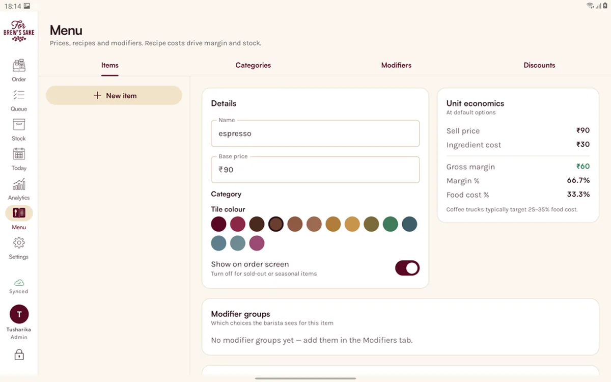 Menu editor with unit economics: sell price, ingredient cost, gross margin and food cost per drink