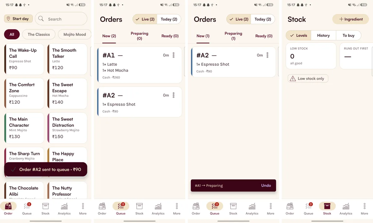 The same POS on a phone: the For Brew's Sake menu, the order queue and stock levels