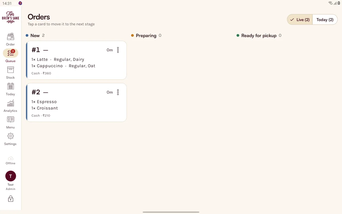 Order queue: new orders with items, milk choices and payment, moving to preparing and ready for pickup