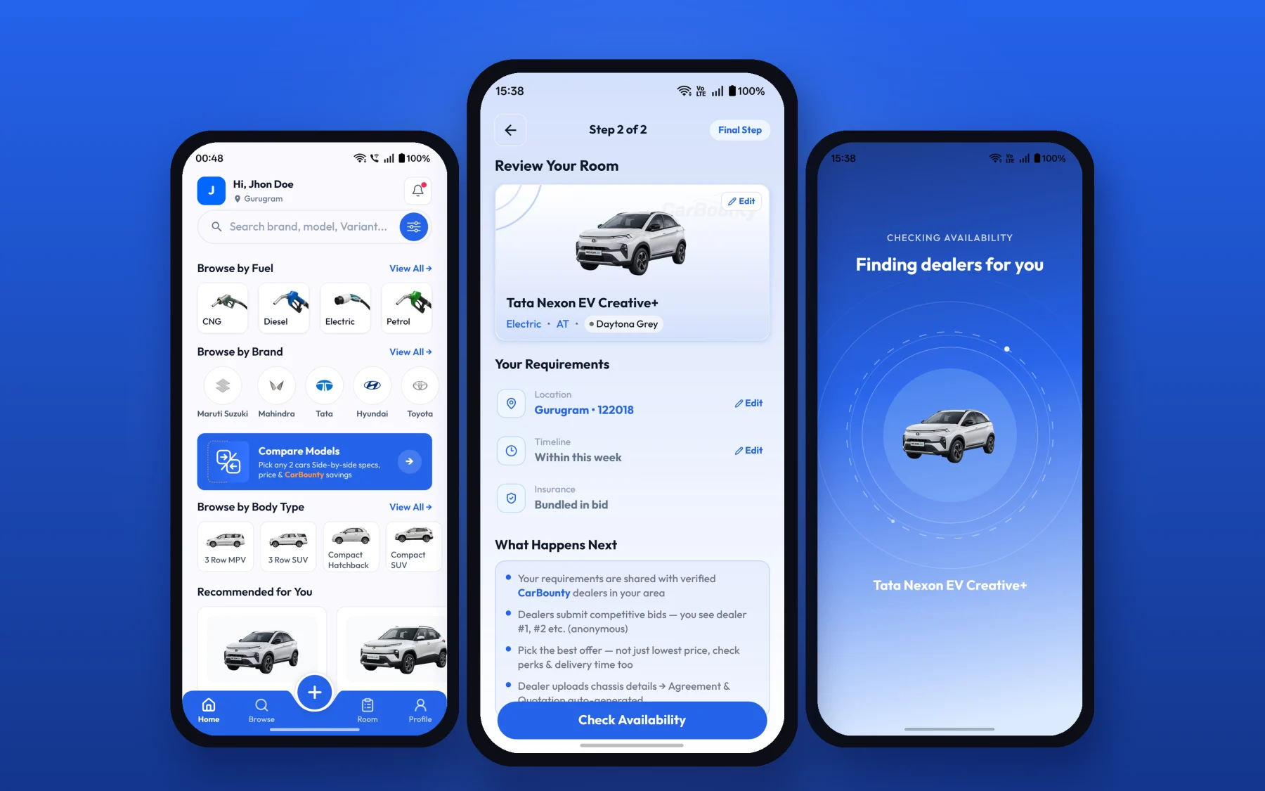CarBounty on Android: browsing cars, reviewing a Private Offer Room for a Tata Nexon EV, and finding dealers