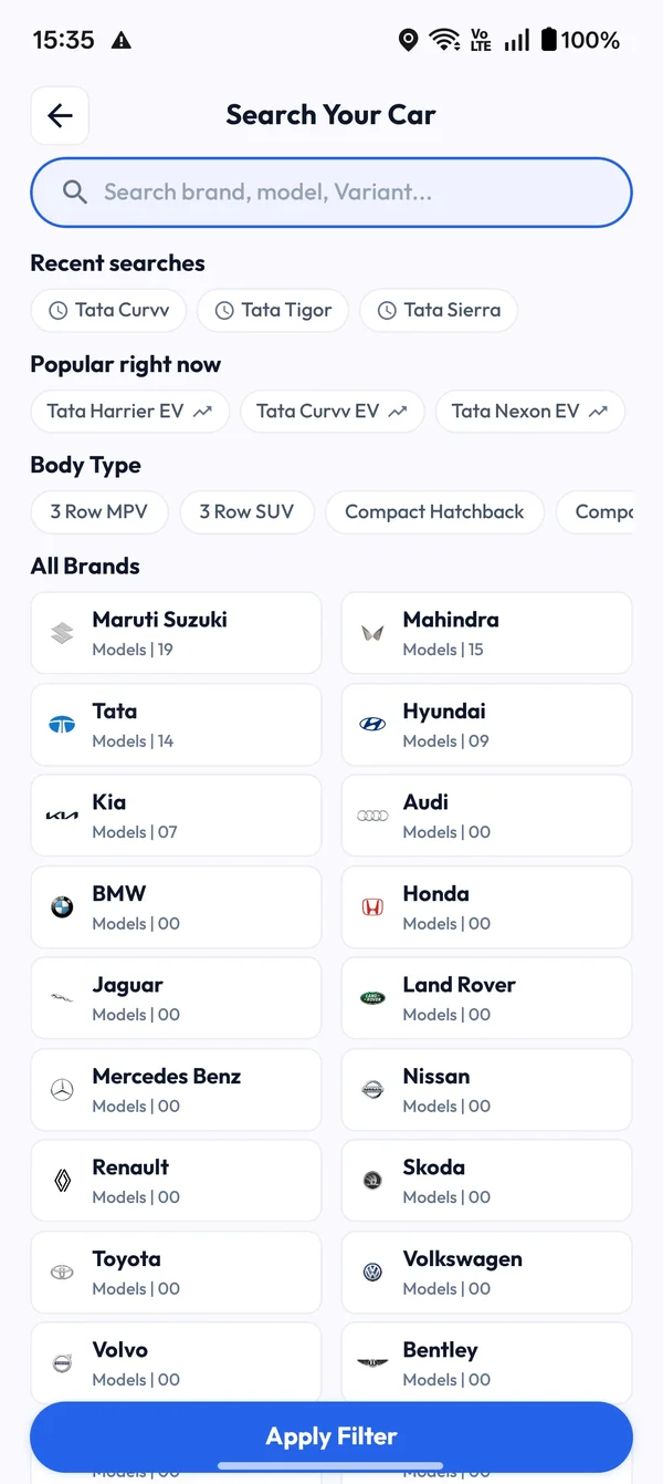 Search by brand, model or variant, with popular models and body types