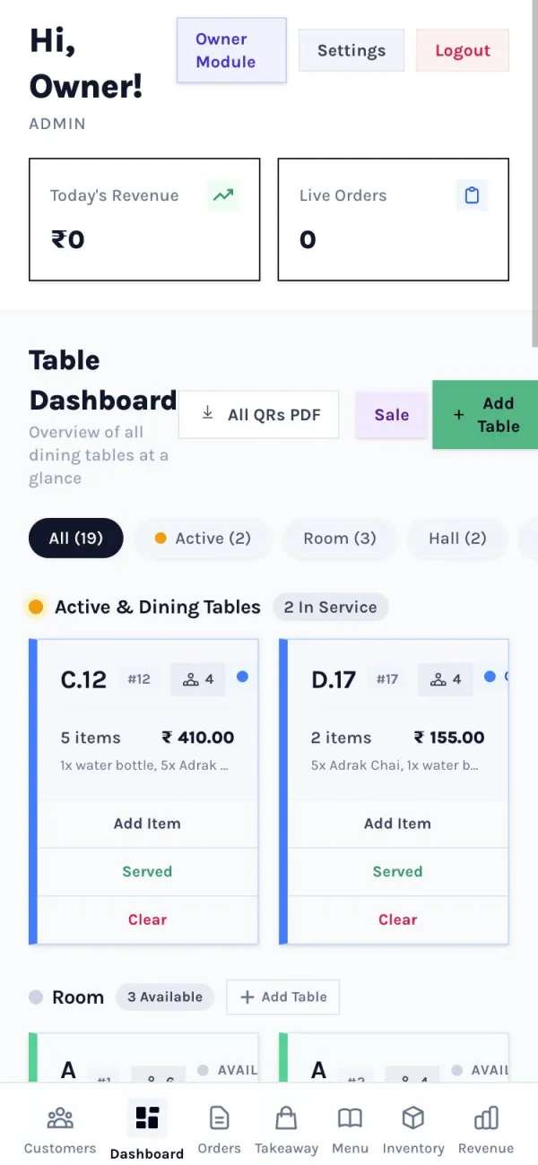 Table dashboard: occupied tables with running bills, and free tables by zone
