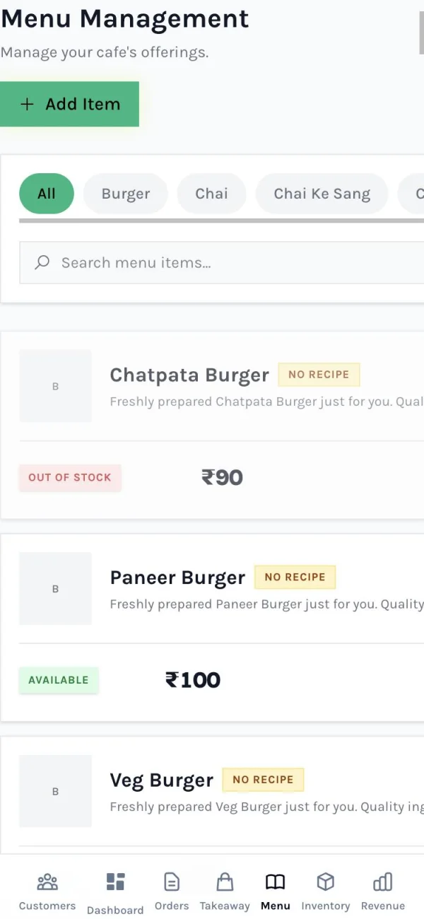 Menu management with categories, prices and stock status