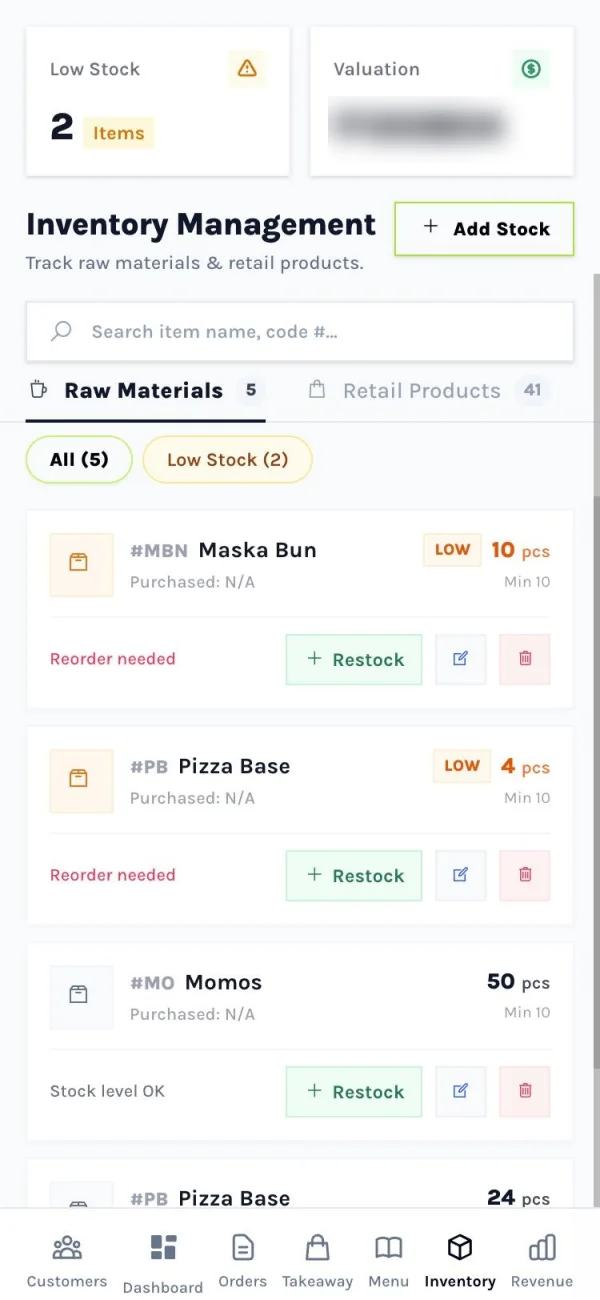 Inventory with raw materials, retail products and reorder alerts