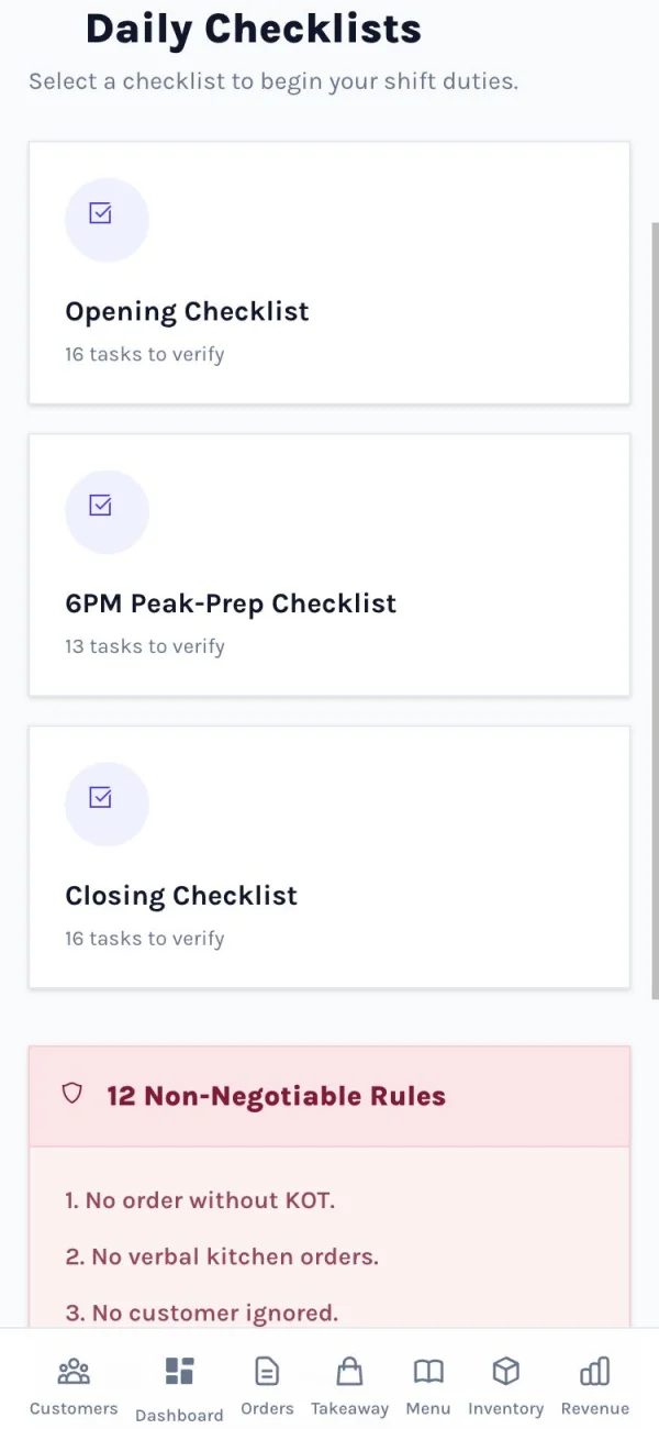 Daily opening, peak-prep and closing checklists, plus the cafe rules