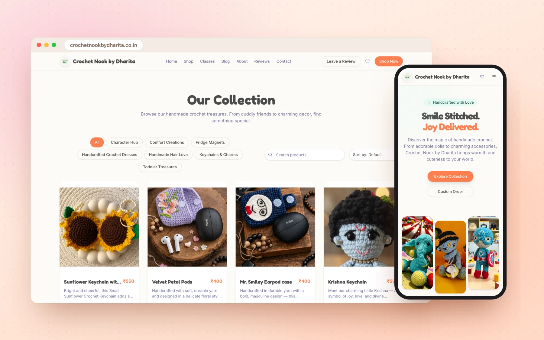 Crochet Nook by Dharita: the live shop with handmade products and category filters, and the homepage on a phone