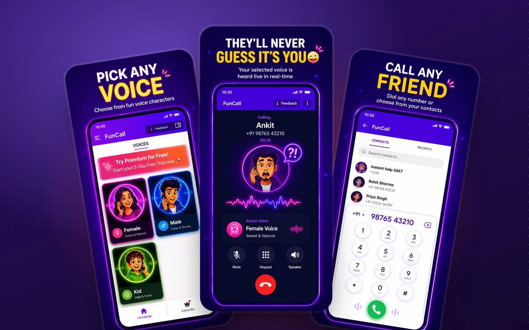 FunCall app screens: voice picker, a live call with the female voice active, and the dialler