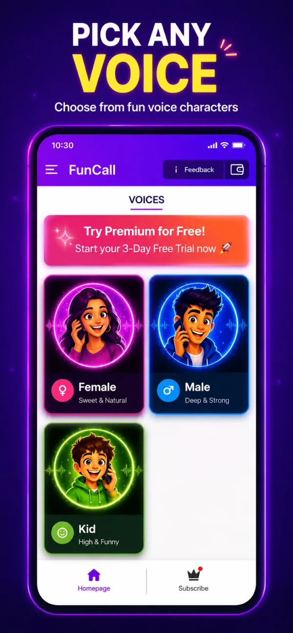 Pick a voice: female, male or kid