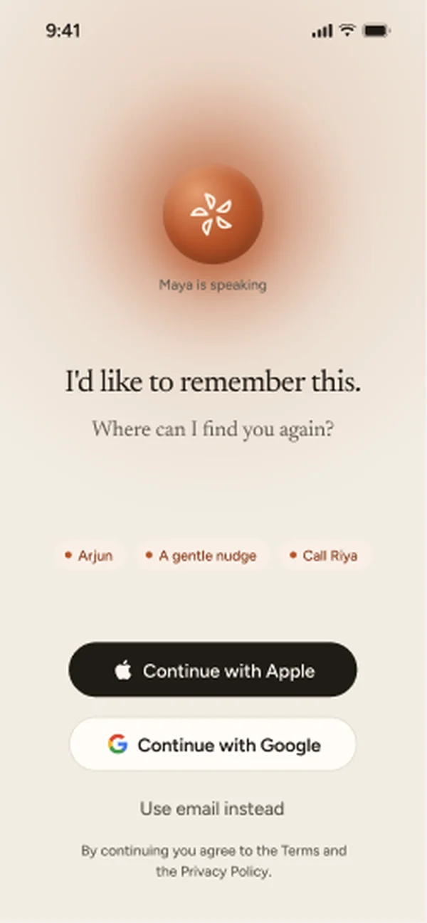 "I'd like to remember this." Sign-up with Apple, Google or email, framed as Maya keeping what you made together