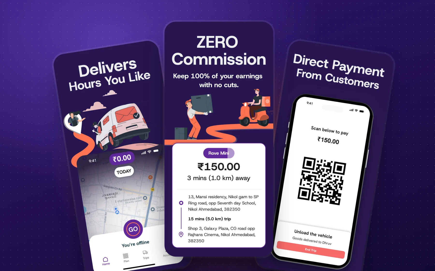 Rove Driver app screens: going online on the map, a trip offer with fare and route, and direct QR payment from the customer