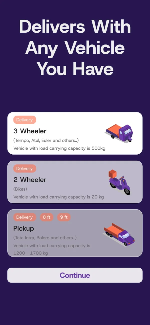 Choose your vehicle: 2-wheeler, 3-wheeler or pickup