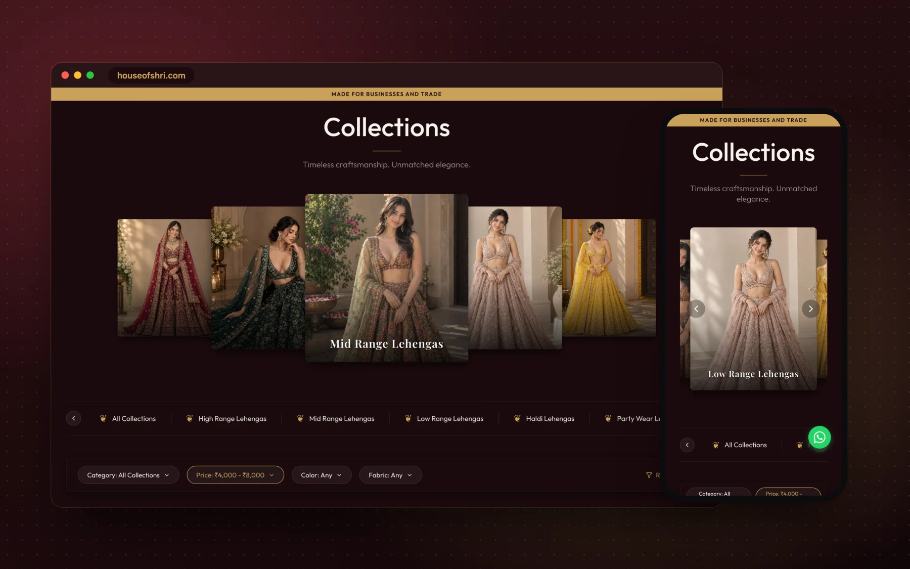 House of Shri: the lehenga collections carousel and catalogue filters on desktop, and the same page on a phone