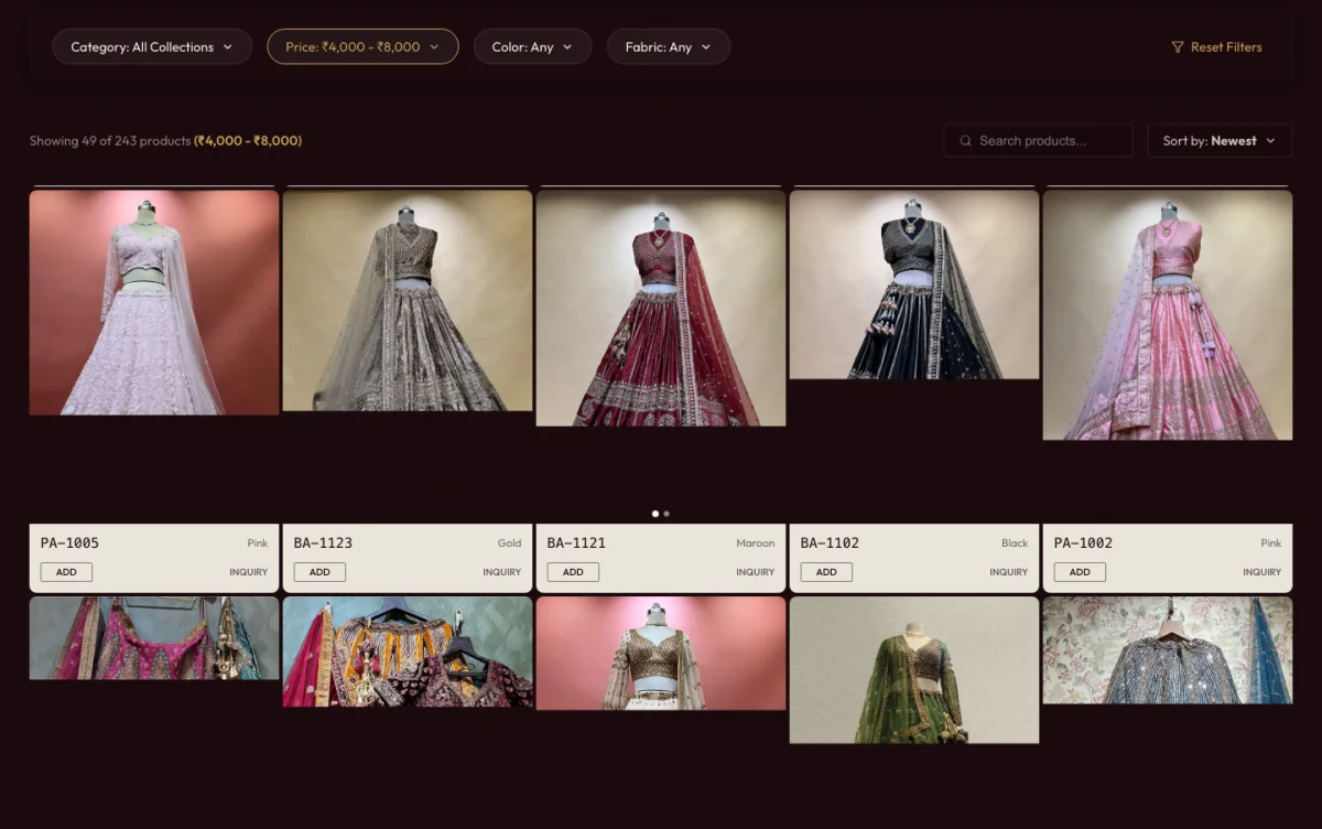 Wholesale catalogue: 243 lehengas with product codes, colours and inquiry buttons