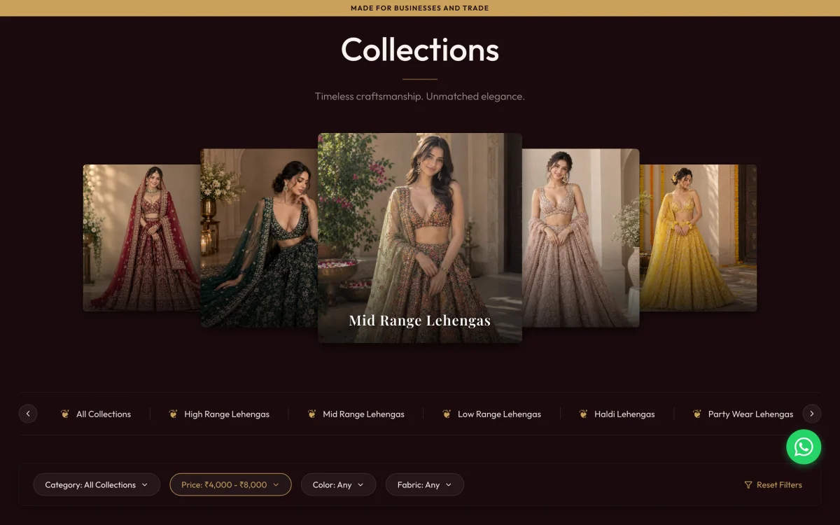 Collections carousel with filters for category, price, colour and fabric